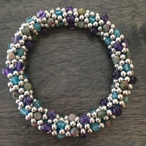 Sterling Silver, Amethyst, Jadeite & Kyanite Beaded Bracelet